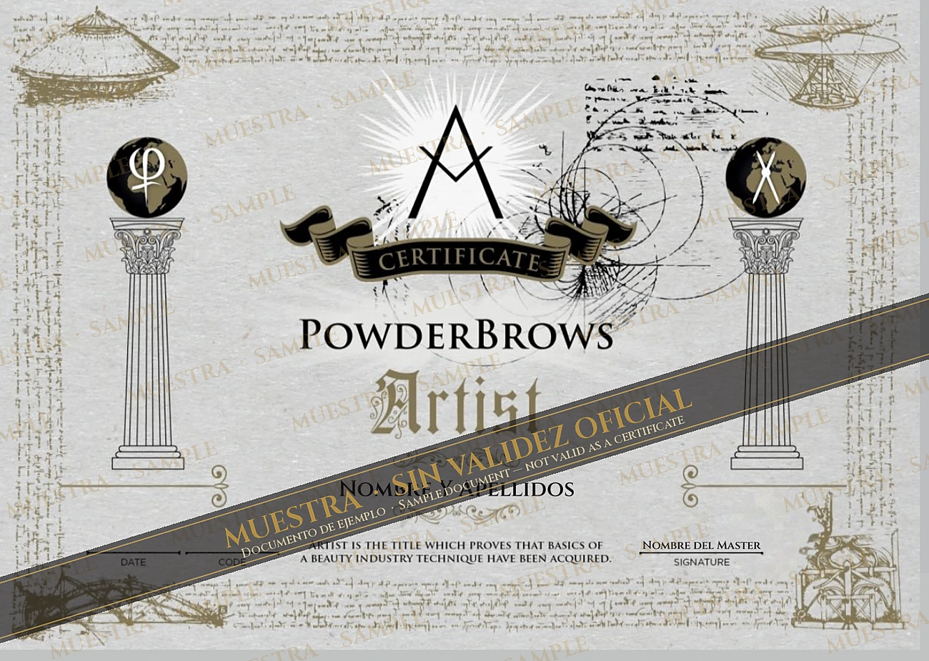 Muestra de certificado de formación PowderBrows con marca de agua y sin datos personales